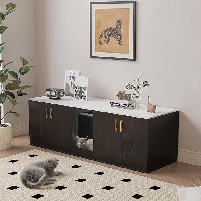 Cat Litter Box Enclosure for 2 Cats,cat Litter Box Enclosure Furniture with Double Room,Stackable,Indoor，Large cat Cabinet,pet House Side Coffee Table,White and Black (Black)