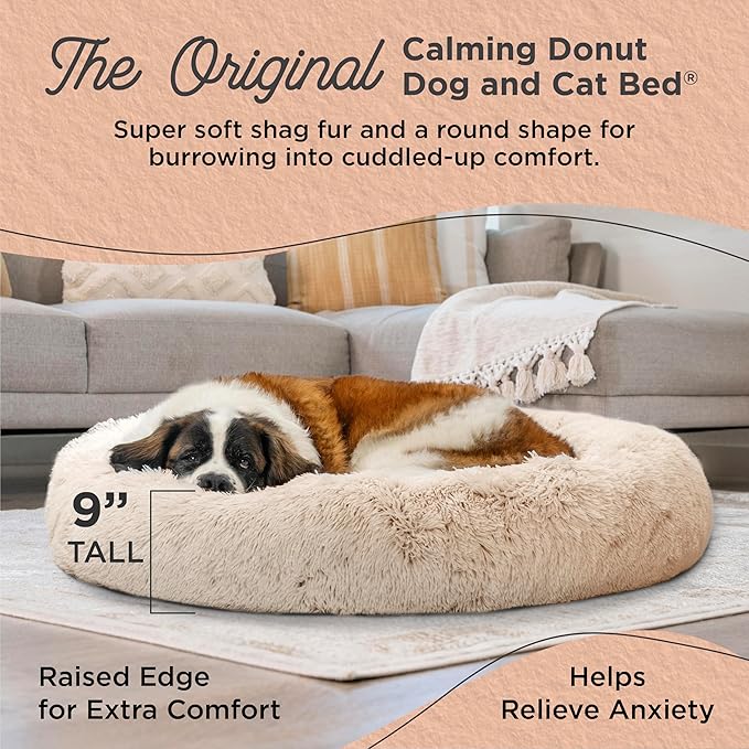 Best Friends by Sheri Original Calming Donut Dog and Cat Bed, Shag Faux Fur, Taupe, XL (45in x 45in) - Anxiety Relief for Pets Up to 150 lbs