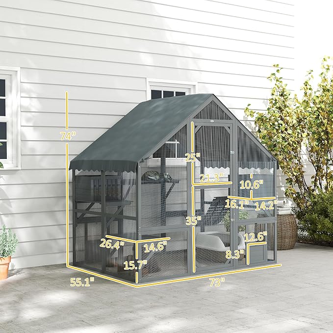 PawHut Large Catio Outdoor Cat Enclosure for Multiple Kittens, Wooden Cat House with Waterproof Cover, Walk in Kitty Cage Kennel with 2 Condos, 4 Platforms, Bridge, Doors, 73" x 55" x 74", Gray