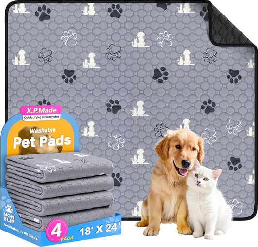 Washable Pee Pads for Dogs, 4 Pack Reusable Puppy Pads, Waterproof Pet Pee Pads for Dog Potty Training, Extra Large Dog Pee Pads for Crate, Playpen, and Whelping, Durable and Absorbent, Grey 18"x24"
