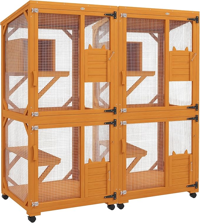 PawHut Wooden Catio with Waterproof Roof, Large Cat House with High-Up Resting Box, Indoor & Outdoor Cat Enclosure with Wheels, for 3-6 Cats, Orange