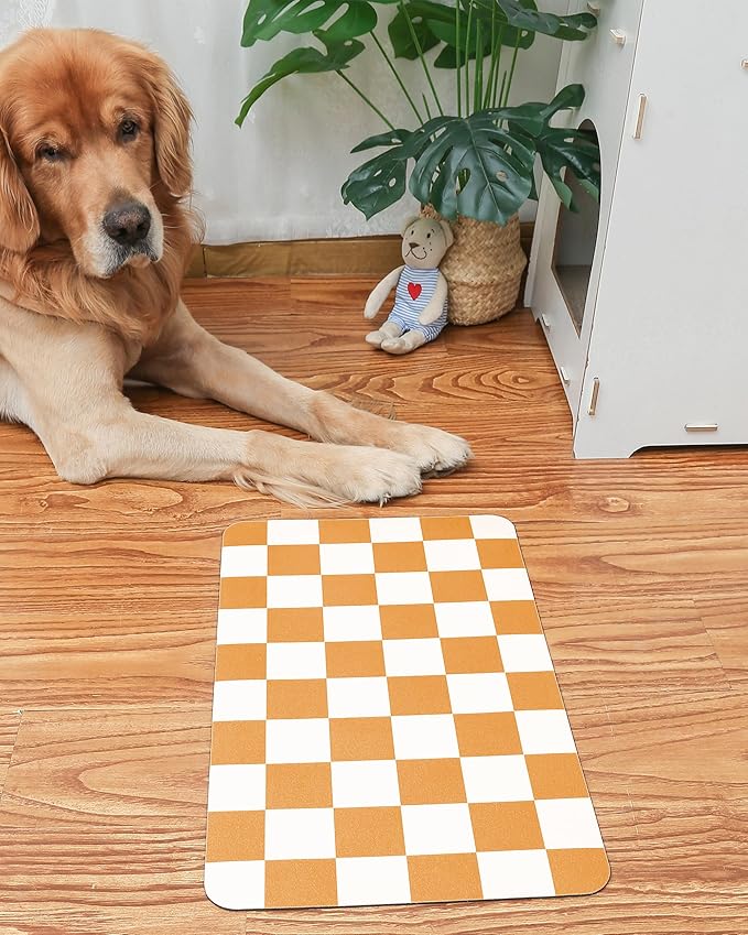 Ralxion Checkered Dog Feeding Mat, Absorbent Mats for Dog Food and Water Bowl, Dispenser, Aesthetic Purple Checkerboard Pet Placemat for Dogs, Cats, Puppy Accessories (Orange, 16 x 24)