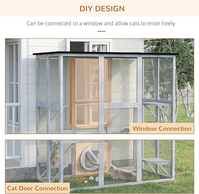 PawHut Outdoor Cat House Big Catio Wooden Feral Cat Shelter Enclosure with Large Spacious Interior, 6 High Ledges, Weather Protection Asphalt Roof, 71" L, Grey