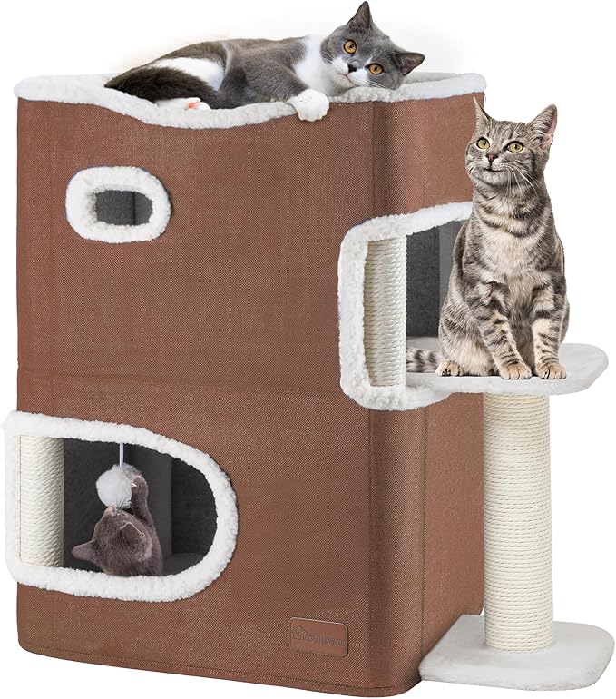 YITAHOME 2-Tier Cat House, Cat Beds for Indoor Cats, Small Cat Condo with Scratch Post, Hideaway Cave, Climbing Stand, Modern Cat Cube Playhouse for Multi Kittens, Brown