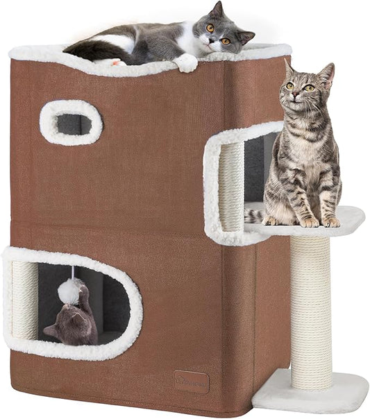YITAHOME 2-Tier Cat House, Cat Beds for Indoor Cats, Small Cat Condo with Scratch Post, Hideaway Cave, Climbing Stand, Modern Cat Cube Playhouse for Multi Kittens, Brown
