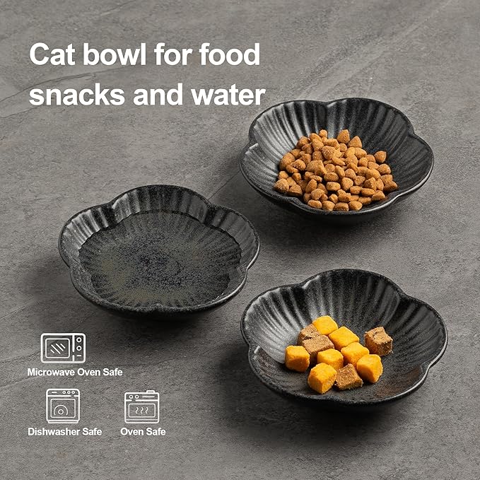 Cat Food Bowls, Ceramic Cat Plates, Dish for Food, Water and Snack, 4.72 Inch, Indoor and Outdoor Use, Kitten Puppy and Small Animals Bowls Set of 3 (Black)