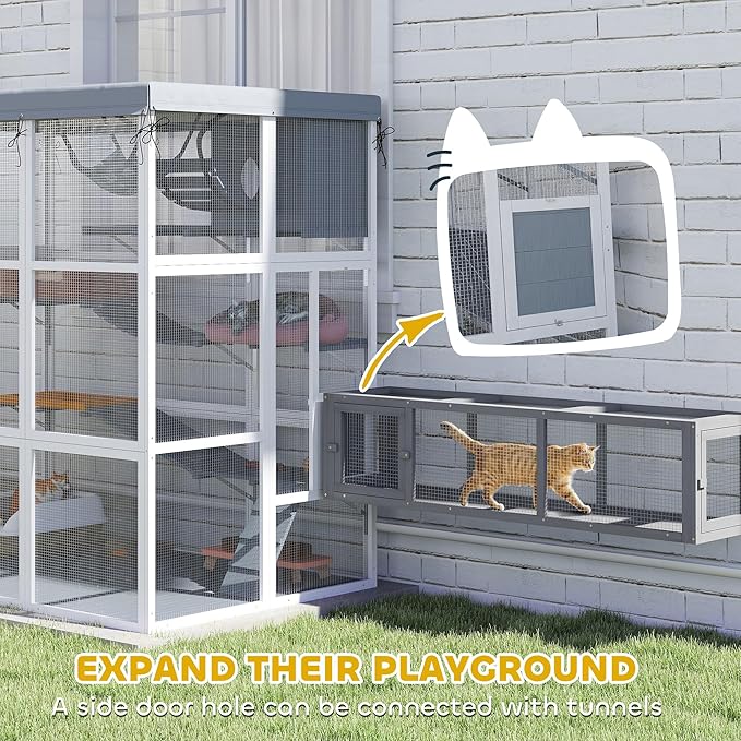 PawHut Catio Outdoor Cat Enclosure, Large Luxury Cat House Outside with Hammock, Condo, Jump Platforms, Ladders, Ramps, Tarp, Walk in Cat Cage for 2-4 Large Cats, 71"