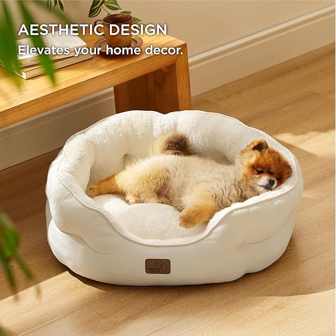 Bedsure Dog Beds for Small Dogs - Round Cat Beds for Indoor Cats, Washable Pet Bed for Puppy and Kitten with Slip-Resistant Bottom, 25 Inches, White