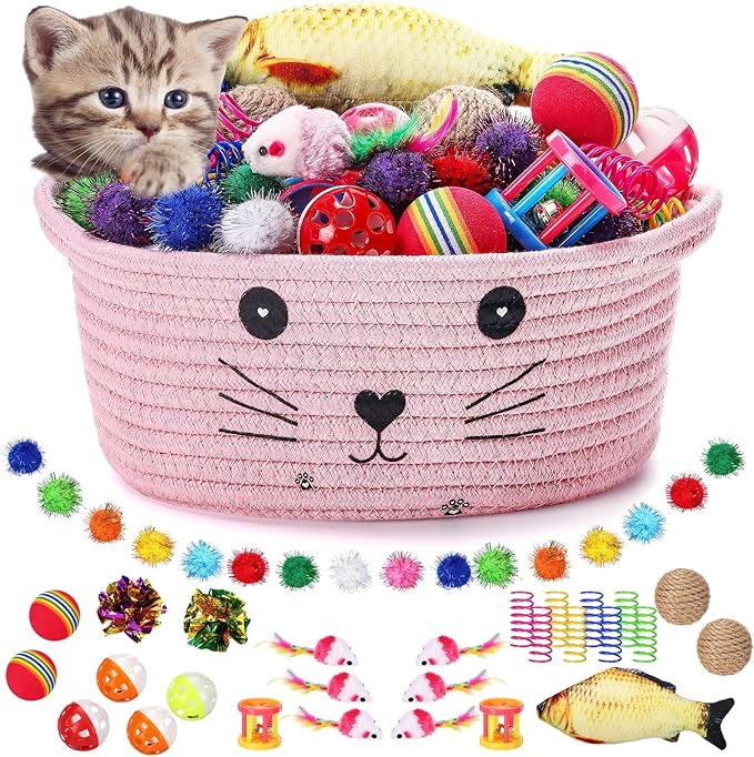 Zopeal 58 Pcs Cat Storage Basket Gift Toys Set, Colorful Flashing Balls Pet Bell Crinkle Balls Spring Toys Attract Cat to Swat, Bite, Hunt, Interactive for Pet(Pink,9.8 Inch)
