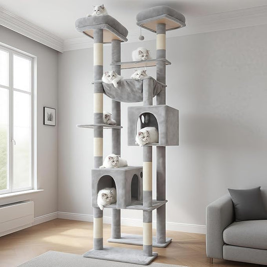 Hey-brother Tall Cat Tree Tower, Heavy Duty Scratching Posts with Large Platforms, Cozy Condos, Big Hammock, Toy Balls, Multi-Level Furniture for Indoor Adult Cats, 80.7 Inches, Light Gray MPJ039W