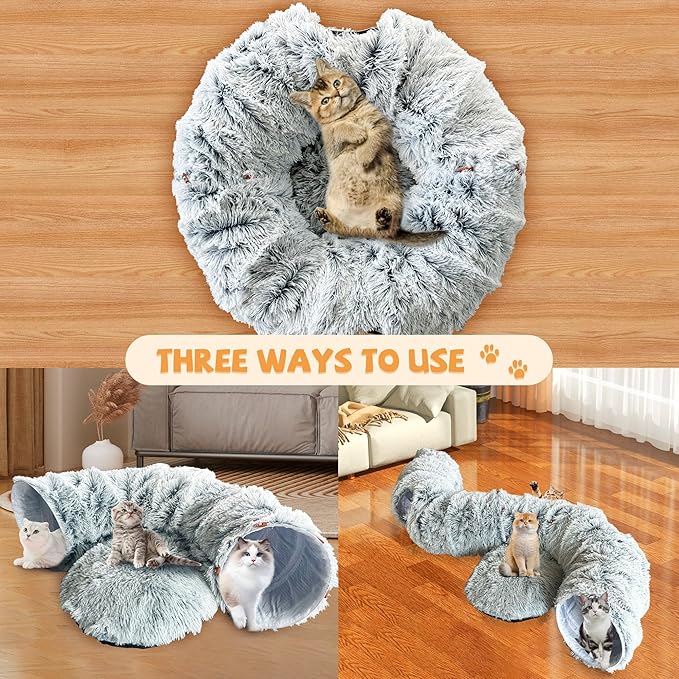 Cat Tunnel Bed with Central Mat - Soft Plush Cat Donut Tunnel, Big Tube Playground Toys, Removable and Washable Peekaboo Cat Cave, Circular Cat Tunnel for Kitten/Puppy/Rabbit, Gray