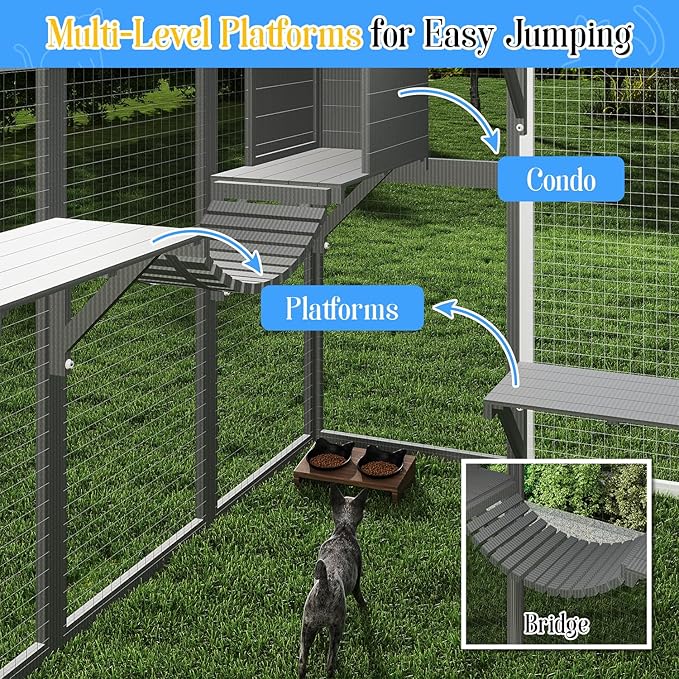 Extra Large Catio Outdoor Cat Enclosure for Multiple Cats, Wooden Walk-in Cat House with 2 Bridges, Window Connection, 2 Resting Boxes, 8 Platforms, Walks and Weatherproof Roof Cover