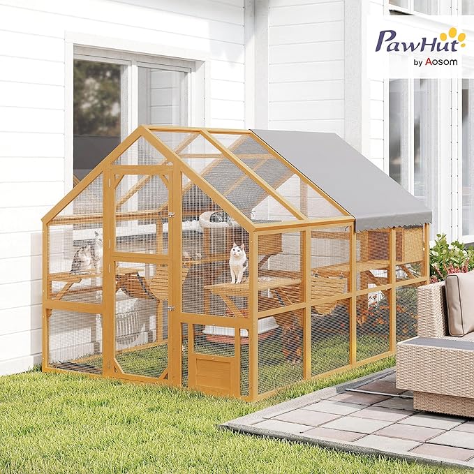 PawHut Large Catio Outdoor Cat Enclosure for Multiple Kittens, Wooden Cat House with Waterproof Cover, Walk in Kitty Cage Kennel with 2 Condos, 6 Platforms, Bridge, Doors, 110" x 73" x 74", Yellow