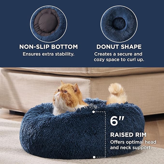 Bedsure Calming Cat Beds for Indoor Cats - Small Cat Bed Washable 20 inches, Anti-Slip Round Fluffy Plush Faux Fur Pet Bed, Fits up to 15 lbs Pets, Navy