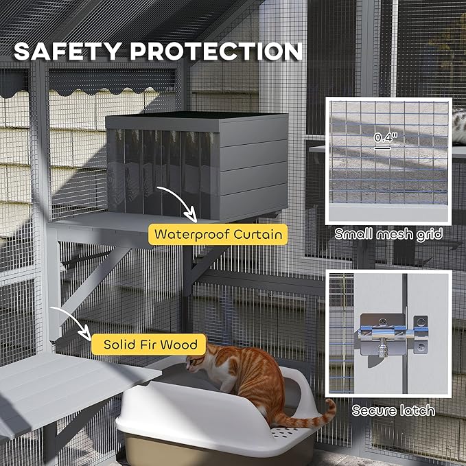 PawHut Large Catio Outdoor Cat Enclosure for Multiple Kittens, Wooden Cat House with Waterproof Cover, Walk in Kitty Cage Kennel with 2 Condos, 4 Platforms, Bridge, Doors, 73" x 55" x 74", Gray