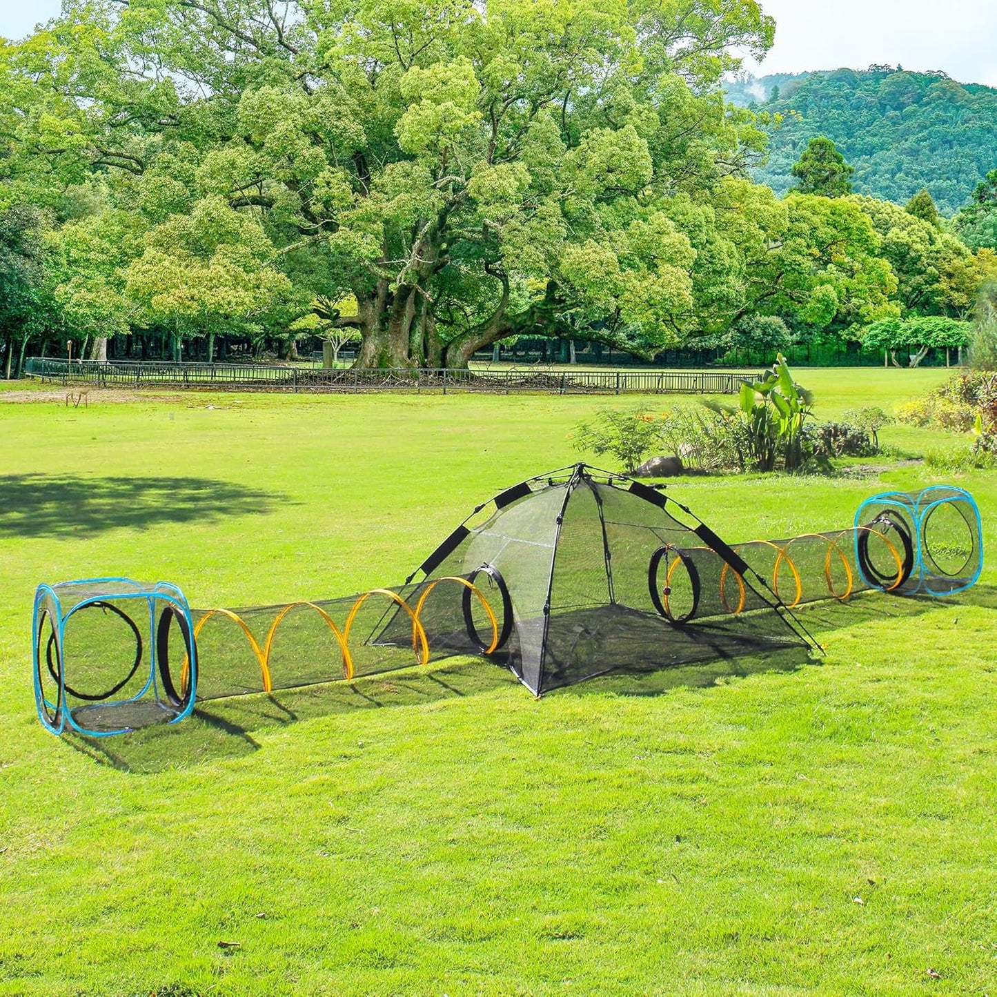 Pet Play Tunnel + Cube(with Three Ways) for Indoor and Outdoor, Kitty Play House, Cat Enclosures, Collapsible Cat Tent, Cage, Kitten Toys Easy to Connect with Kitty Tent（2 Cubes + Run Tunnel）