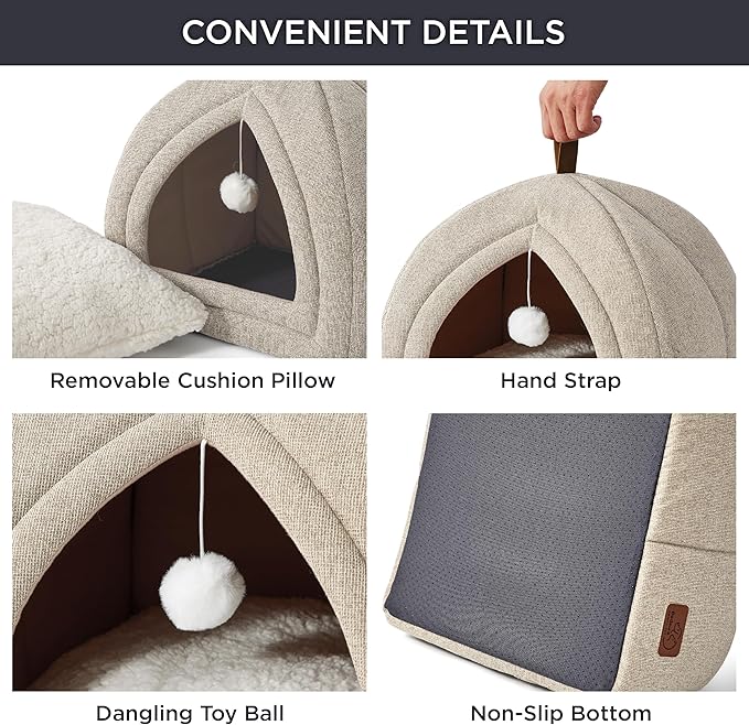 Bedsure Cat Beds for Indoor - 2 in 1 Cat Cave House Tent for Kittens and Small Pets with Removable Washable Cushioned Pillow, Foldable Kitten Hideaway with Non-Slip Bottom, Khaki, 16 inches