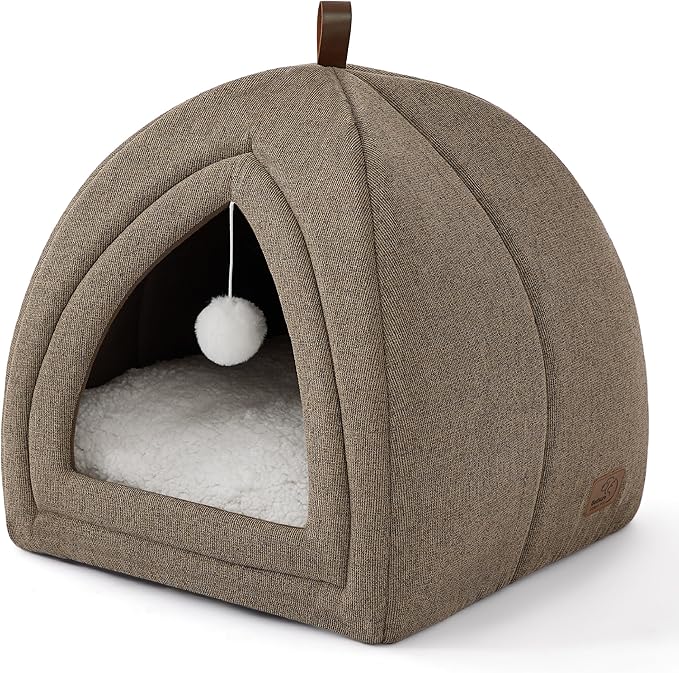 Bedsure Cat Beds for Indoor - 2 in 1 Cat Cave House Tent for Kittens and Small Pets with Removable Washable Cushioned Pillow, Foldable Kitten Hideaway with Non-Slip Bottom, Taupe, 16 inches