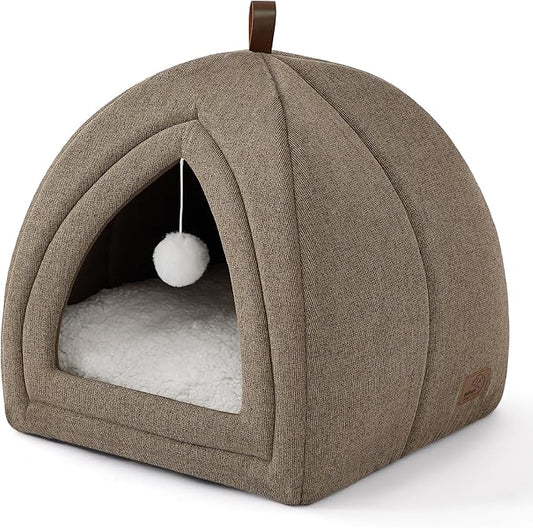 Bedsure Cat Beds for Indoor - 2 in 1 Cat Cave House Tent for Kittens and Small Pets with Removable Washable Cushioned Pillow, Foldable Kitten Hideaway with Non-Slip Bottom, Taupe, 16 inches