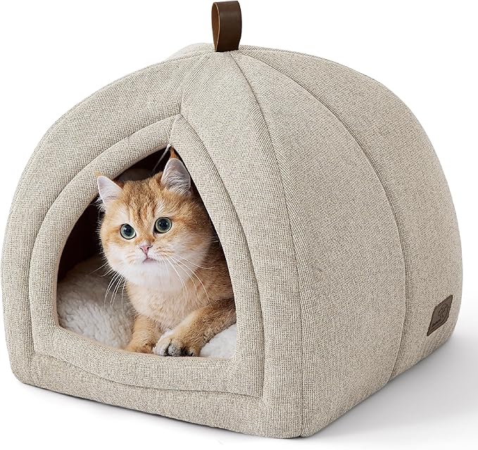 Bedsure Cat Beds for Indoor - 2 in 1 Cat Cave House Tent for Kittens and Small Pets with Removable Washable Cushioned Pillow, Foldable Kitten Hideaway with Non-Slip Bottom, Khaki, 16 inches