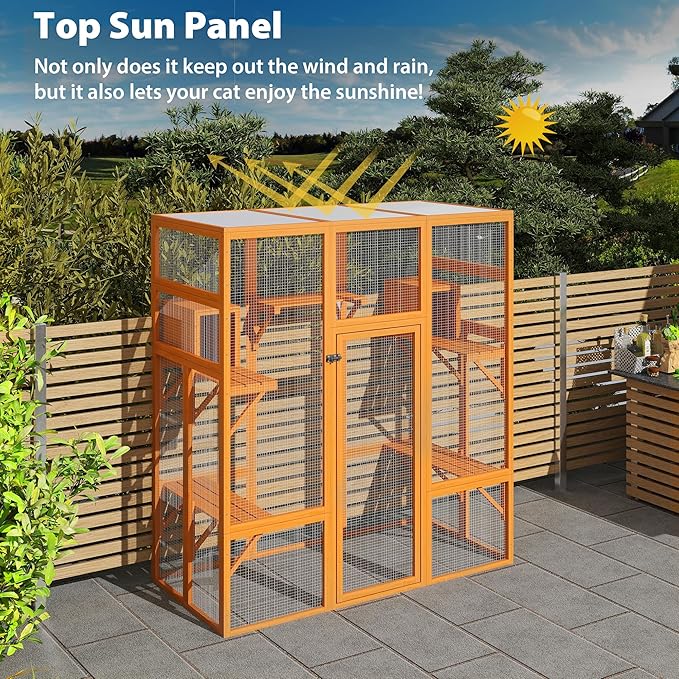 Large Wooden Catio Outdoor Cat Enclosure - Cat Play & Run Enclosures Indoor Kitty Window Catio with Waterproof Roof, 7 Platforms & 2 Resting Box, UV Resistant, 62.5" L x 32.5" W x 70" H, Orange