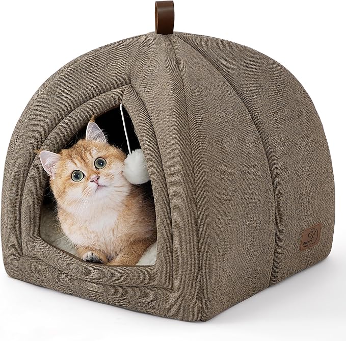 Bedsure Cat Beds for Indoor - 2 in 1 Cat Cave House Tent for Kittens and Small Pets with Removable Washable Cushioned Pillow, Foldable Kitten Hideaway with Non-Slip Bottom, Taupe, 16 inches