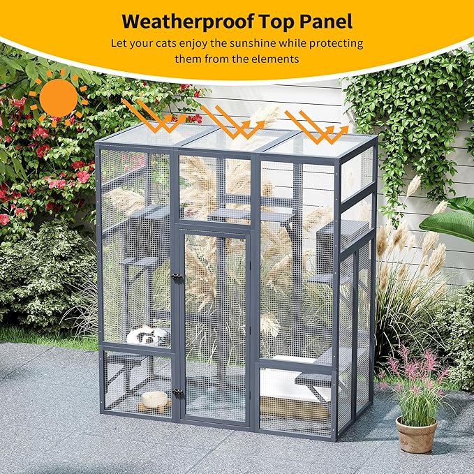 71Inches Large Wood Catio Outdoor Cat Enclosure with Perches and Condos, Cat House Indoor with Waterproof Roof, Cat Shelter 5 Platforms & 2 Resting Box, UV Resistant (Grey)