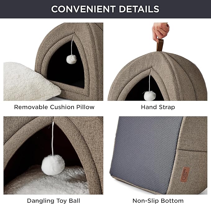 Bedsure Cat Beds for Indoor - 2 in 1 Cat Cave House Tent for Kittens and Small Pets with Removable Washable Cushioned Pillow, Foldable Kitten Hideaway with Non-Slip Bottom, Taupe, 16 inches