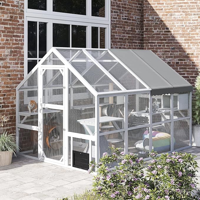 PawHut Large Catio Outdoor Cat Enclosure for Multiple Kittens, Wooden Cat House with Waterproof Cover, Walk in Kitty Cage Kennel with 2 Condos, 6 Platforms, Bridge, Doors, 110" x 73" x 74", White